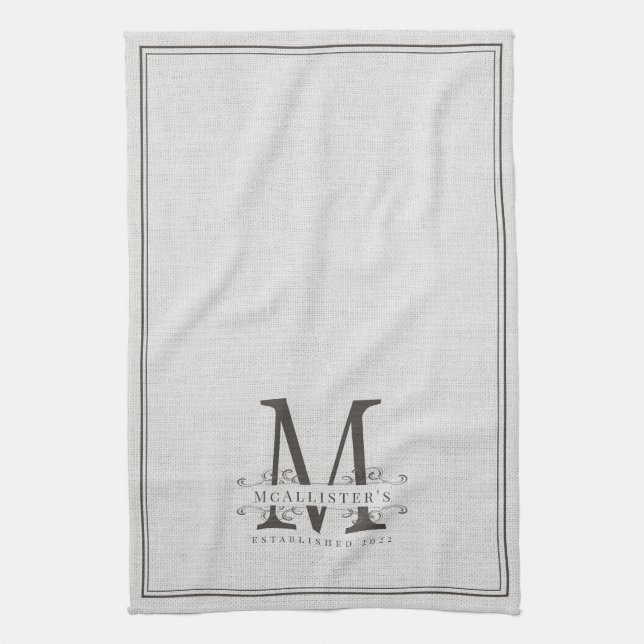 Elegant Monogram Linen Family Establish Year Kitchen Towel (Vertical)