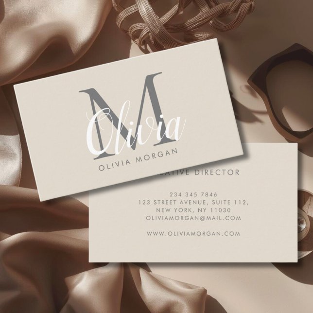 Elegant monogram logo beige gray professional business card (Creator Uploaded)