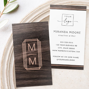 Elegant monogram logo photo minimalist dark wood foil business cards