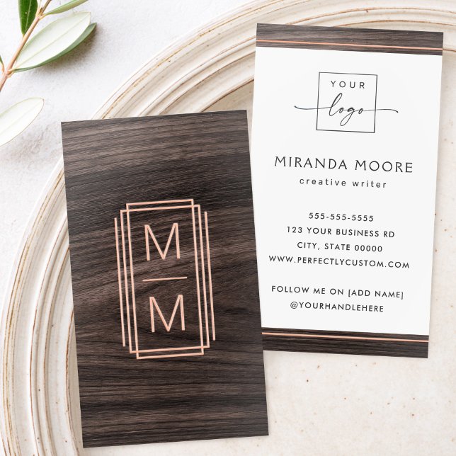 Elegant monogram logo photo minimalist dark wood foil business cards (Elegant monogram logo photo minimalist dark wood foil business cards)