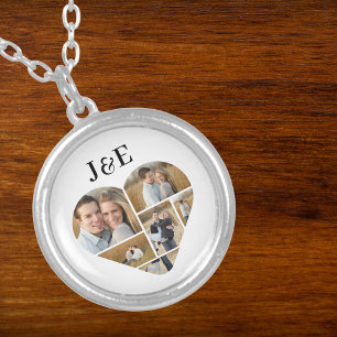 Elegant Monogram Love Heart Photo Collage  Silver Plated Necklace