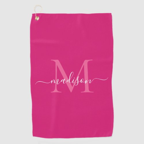 Elegant Monogram Magenta Pink White Girly Script Golf Towel
