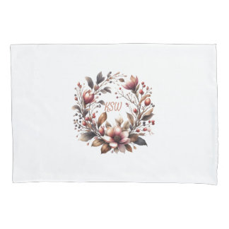 Elegant Monogram Magnolia Floral Wreath Pillow Case