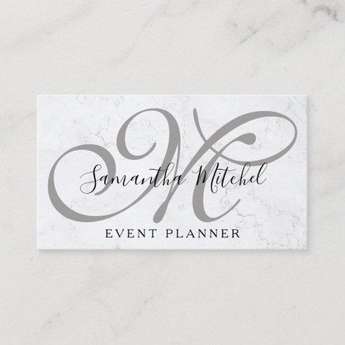Elegant Monogram Marble Grey Event Planner Business Card
