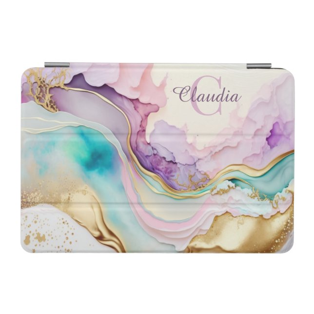 Elegant Monogram Marble Liquid Ink iPad Mini Cover (Horizontal)