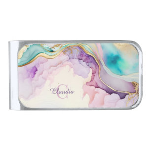 Elegant Monogram Marble Liquid Ink Silver Finish Money Clip