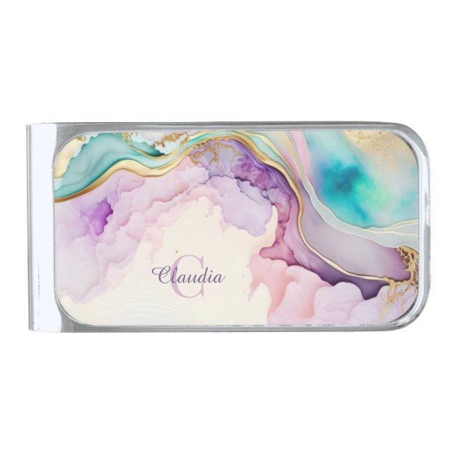 Elegant Monogram Marble Liquid Ink Silver Finish Money Clip (Front)