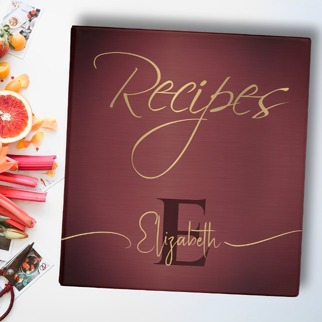 Elegant Monogram Maroon Gold Script Recipe Name 3 Ring Binder (Creator Uploaded)