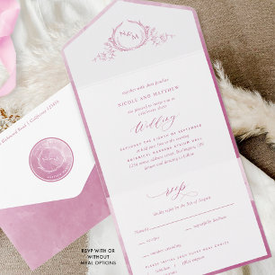 Elegant Monogram Mauve and Pink Watercolor Wedding All In One Invitation