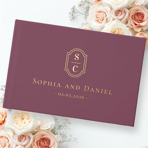 Elegant monogram mauve wedding names date foil foil guest book 