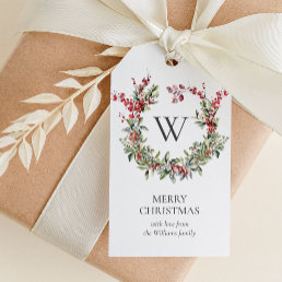 Elegant Monogram Merry Christmas Holiday Wreath Gift Tags