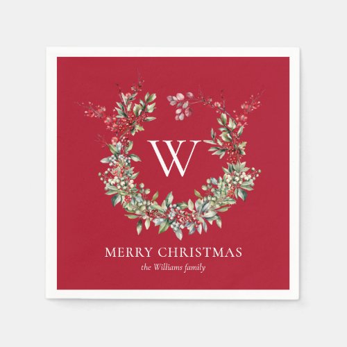 Elegant Monogram Merry Christmas Holiday Wreath Napkins