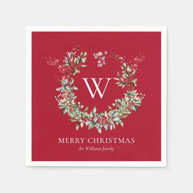 Elegant Monogram Merry Christmas Holiday Wreath Napkins (Front)
