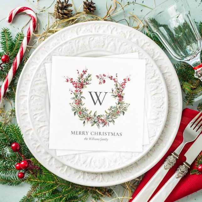 Elegant Monogram Merry Christmas Holiday Wreath Napkins (Creator Uploaded)