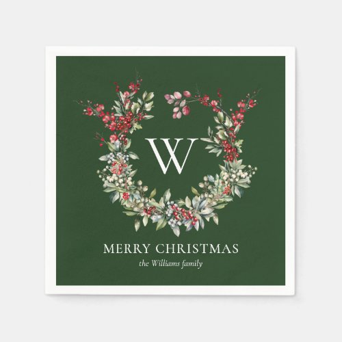 Elegant Monogram Merry Christmas Holiday Wreath Napkins