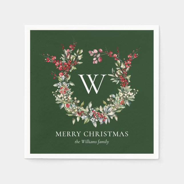 Elegant Monogram Merry Christmas Holiday Wreath Napkins (Front)