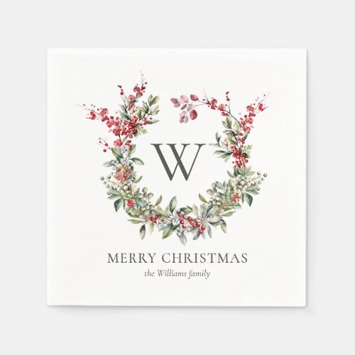 Elegant Monogram Merry Christmas Holiday Wreath Napkins