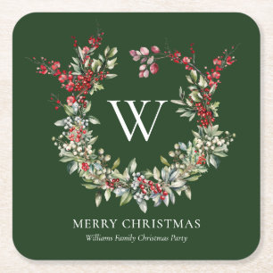 Elegant Monogram Merry Christmas Holiday Wreath Square Paper Coaster