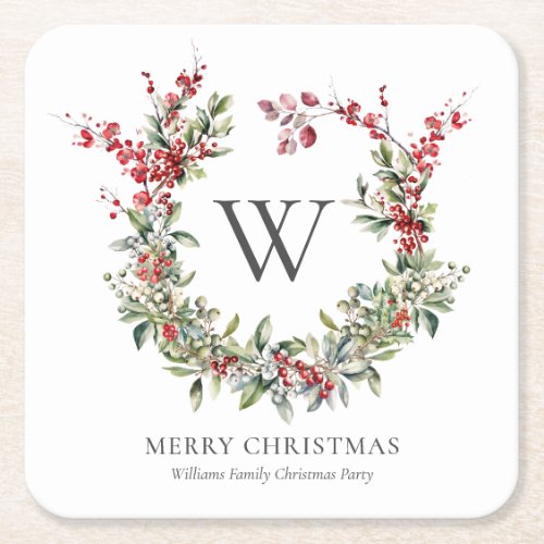 Elegant Monogram Merry Christmas Holiday Wreath Square Paper Coaster
