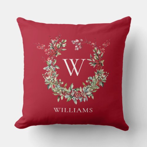 Elegant Monogram Merry Christmas Holiday Wreath Throw Pillow