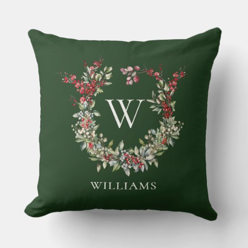 Elegant Monogram Merry Christmas Holiday Wreath Throw Pillow