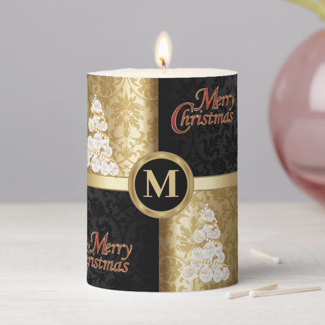 Elegant Monogram Merry Christmas  Pillar Candle (In Situ)