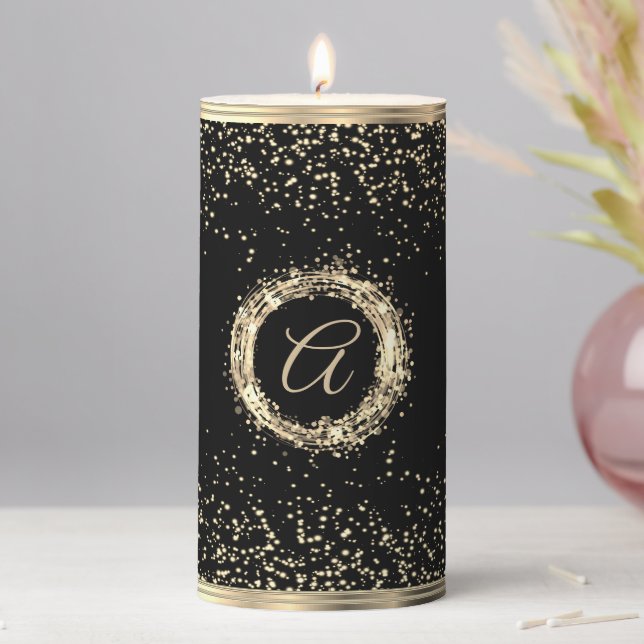 Elegant Monogram Metallic Gold on Black Pillar Candle (In Situ)