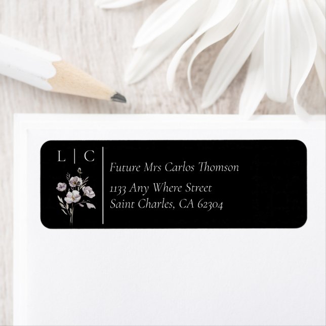 Elegant monogram minimalist black RSVP address Label (Insitu)