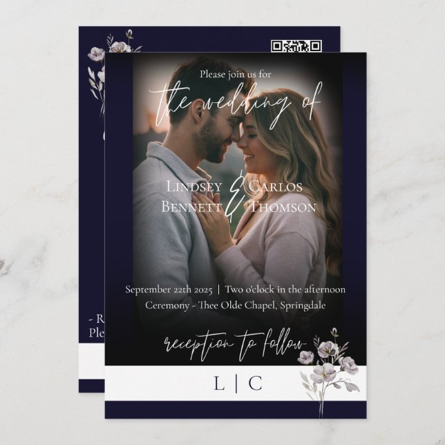 Elegant monogram minimalist dark navy calligraphy  invitation (Front/Back)