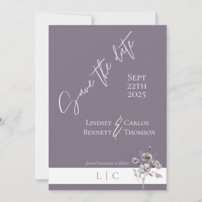 Elegant monogram minimalist purple calligraphy  save the date (Front)