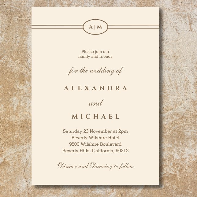 Elegant Monogram Minimalist Taupe Cream Wedding  Invitation (Creator Uploaded)