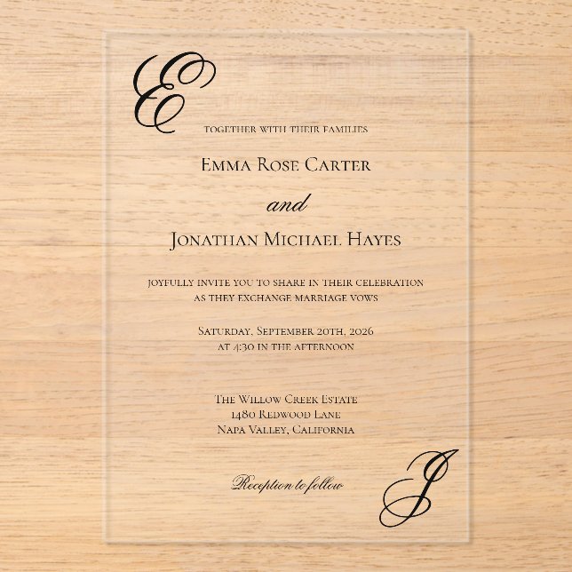 Elegant Monogram Minimalist Wedding Acrylic Invitations (Front)