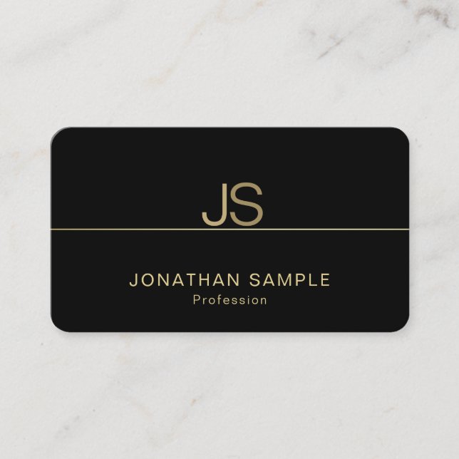 Elegant Monogram Modern Black and Gold Elite Business Card (Front)