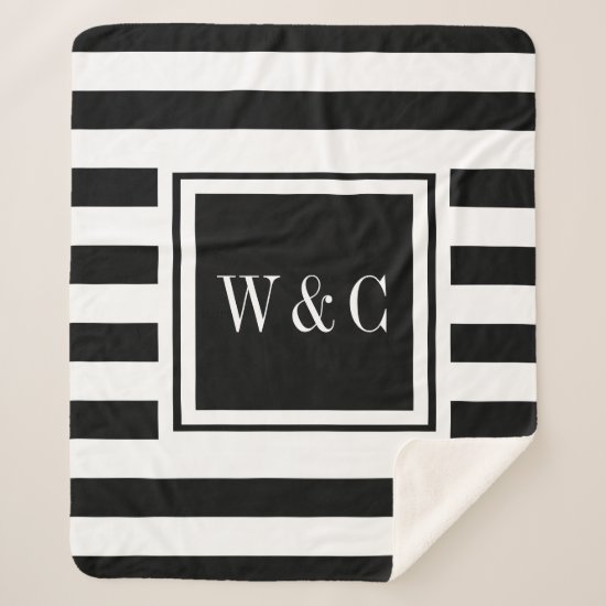Elegant Monogram Modern Black White Stripe Sherpa Blanket