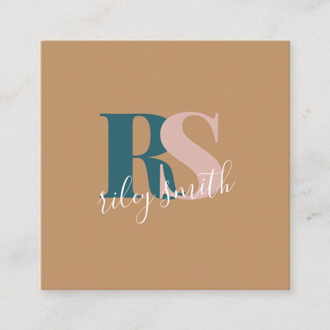 Elegant monogram modern brown teal professional square business card (Front)