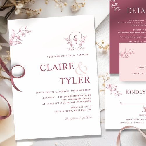 Elegant Monogram Modern Burgundy Pink Wedding Invitation
