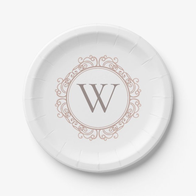 Elegant Monogram Modern Classic Ivory Blush Paper Plates (Front)