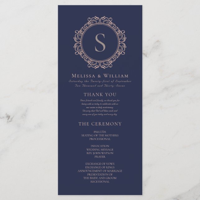 Elegant Monogram Modern Classic Navy Blush Wedding Program (Front)
