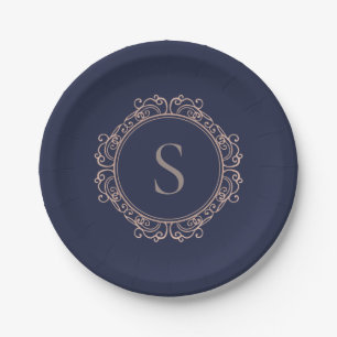 Elegant Monogram Modern Classic Navy Copper Blush Paper Plates