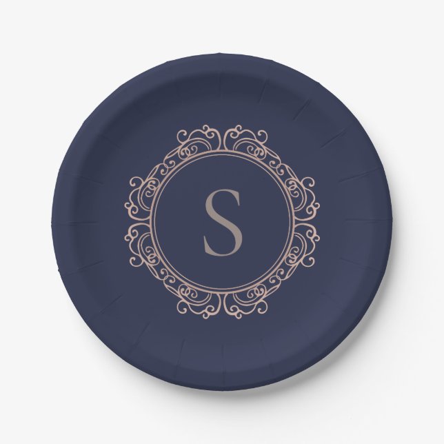 Elegant Monogram Modern Classic Navy Copper Blush Paper Plates (Front)