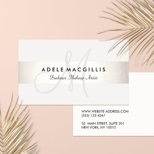 Customizable Simple Monogram White Modern FAUX Silver Striped Business Card