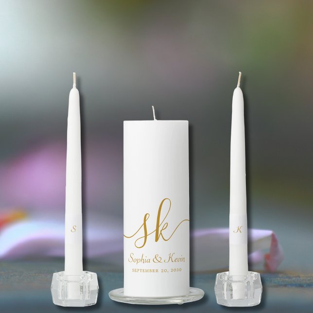 Elegant Monogram Modern Gold Script Wedding Unity Candle Set (Creator Uploaded)