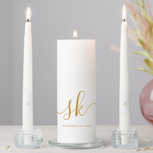 Elegant Monogram Modern Gold Script Wedding Unity Candle Set (In Situ)