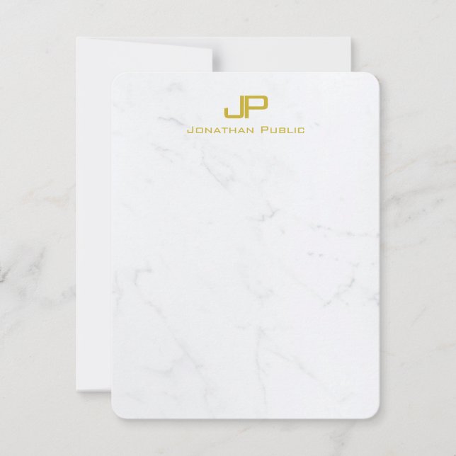 Elegant Monogram Modern Gold White Marble Simple Note Card (Front)