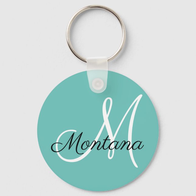 Elegant Monogram Modern Green Blue White Keychain (Front)