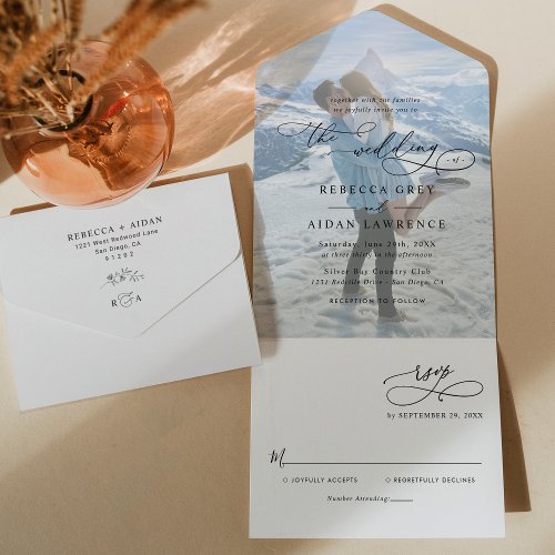Elegant Monogram Modern Photo Wedding All In One Invitation