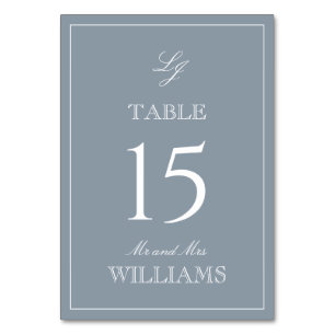 Elegant Monogram Modern Script Dusty Blue Wedding Table Number