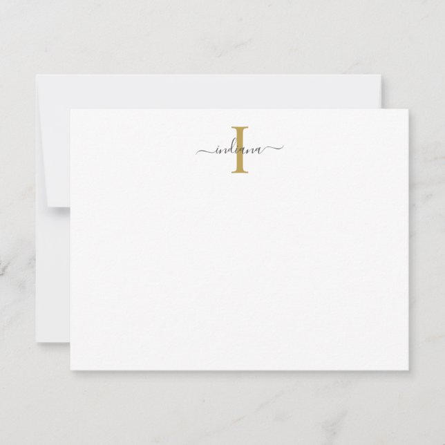 Elegant Monogram Modern Script Gold Gray Note Card (Front)