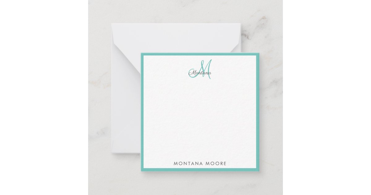 Elegant Monogram Modern Simple Girly Teal Note Card | Zazzle