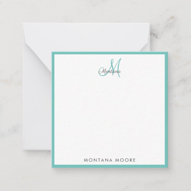 Elegant Monogram Modern Simple Girly Teal Note Card (Front)